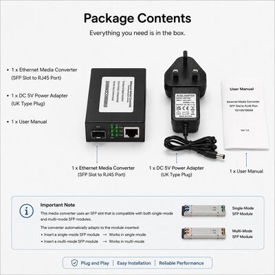 شراء محول وسائط Gigabit SFP لـ 10/100/1000Base-T إلى 1000Base-SX مع مسافة نقل تبلغ 550 مترًا على الألياف متعددة الأوضاع (MMF) OM2/OM3 online manufacture